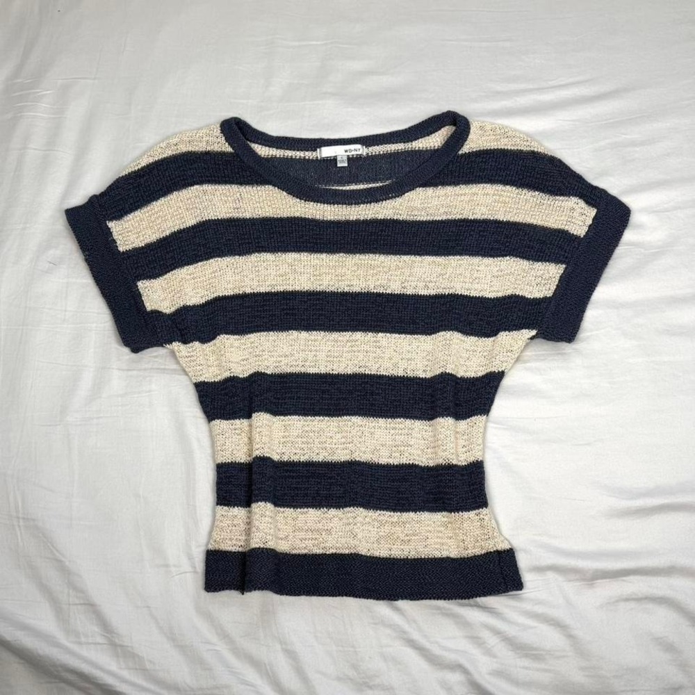 y2k navy blue & cream short sleeve knitted bat wing top